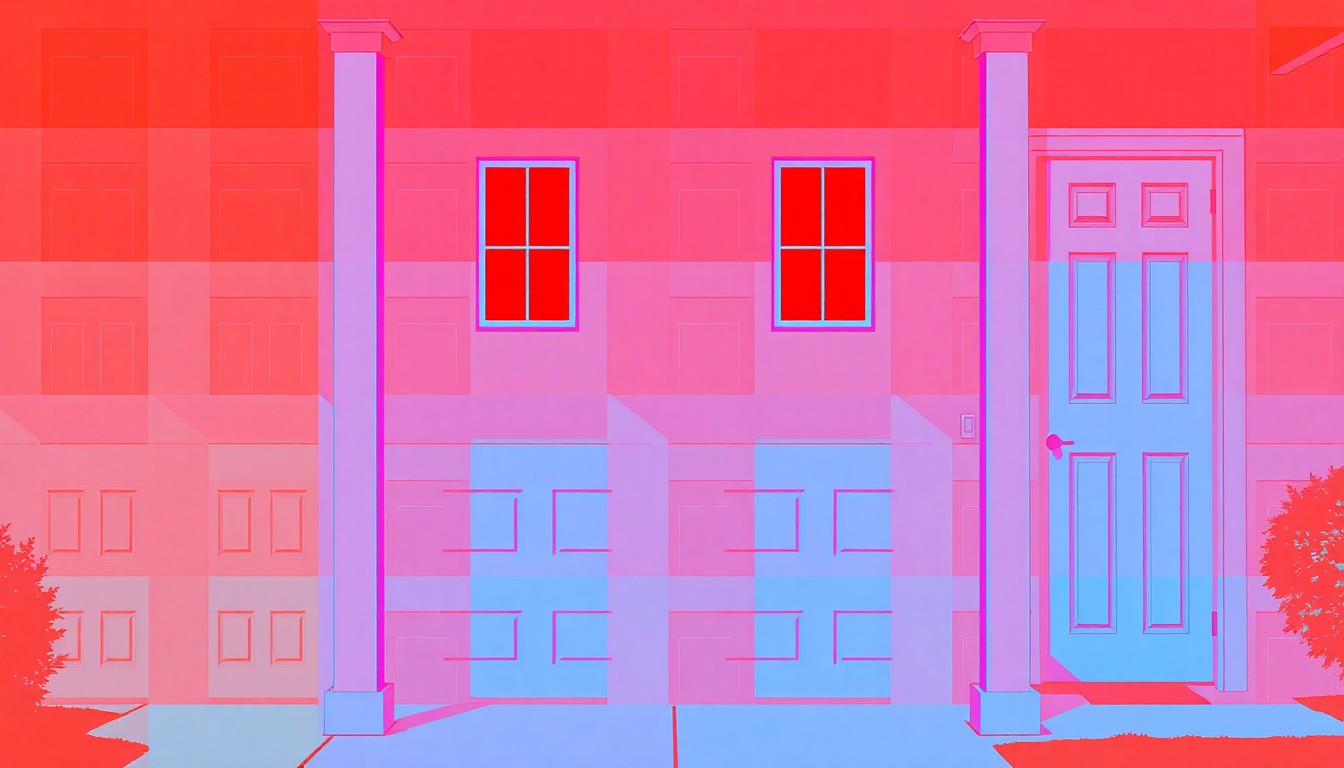 A highly stylized, abstract grid of a single residential home exterior element, such as a front door or porch, rendered in bold, neon-bright colors and heavy black outlines to capture the energy and personality of the College Hills neighborhood in San Angelo.