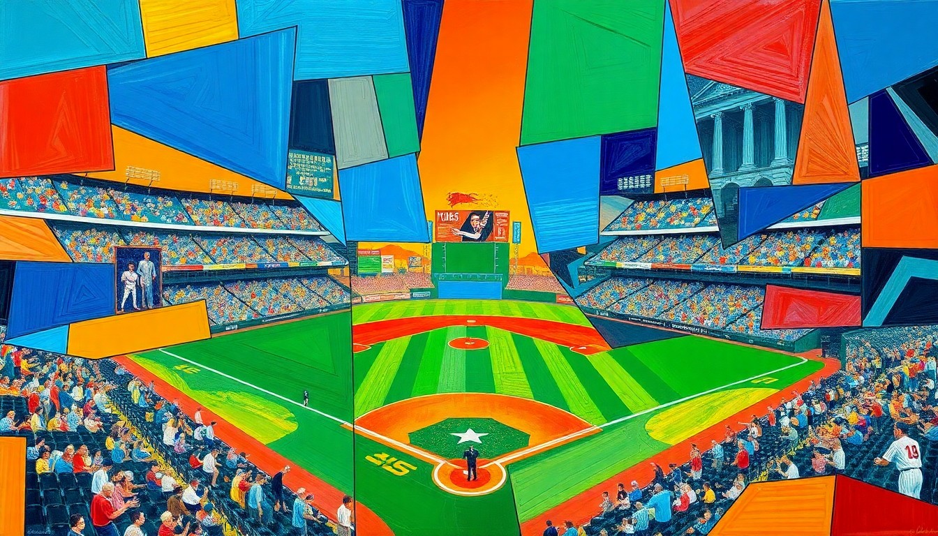 A cubist-style painting featuring sharp, overlapping geometric shapes in bright colors, representing the fragmented and disjointed nature of the Mets' current situation.