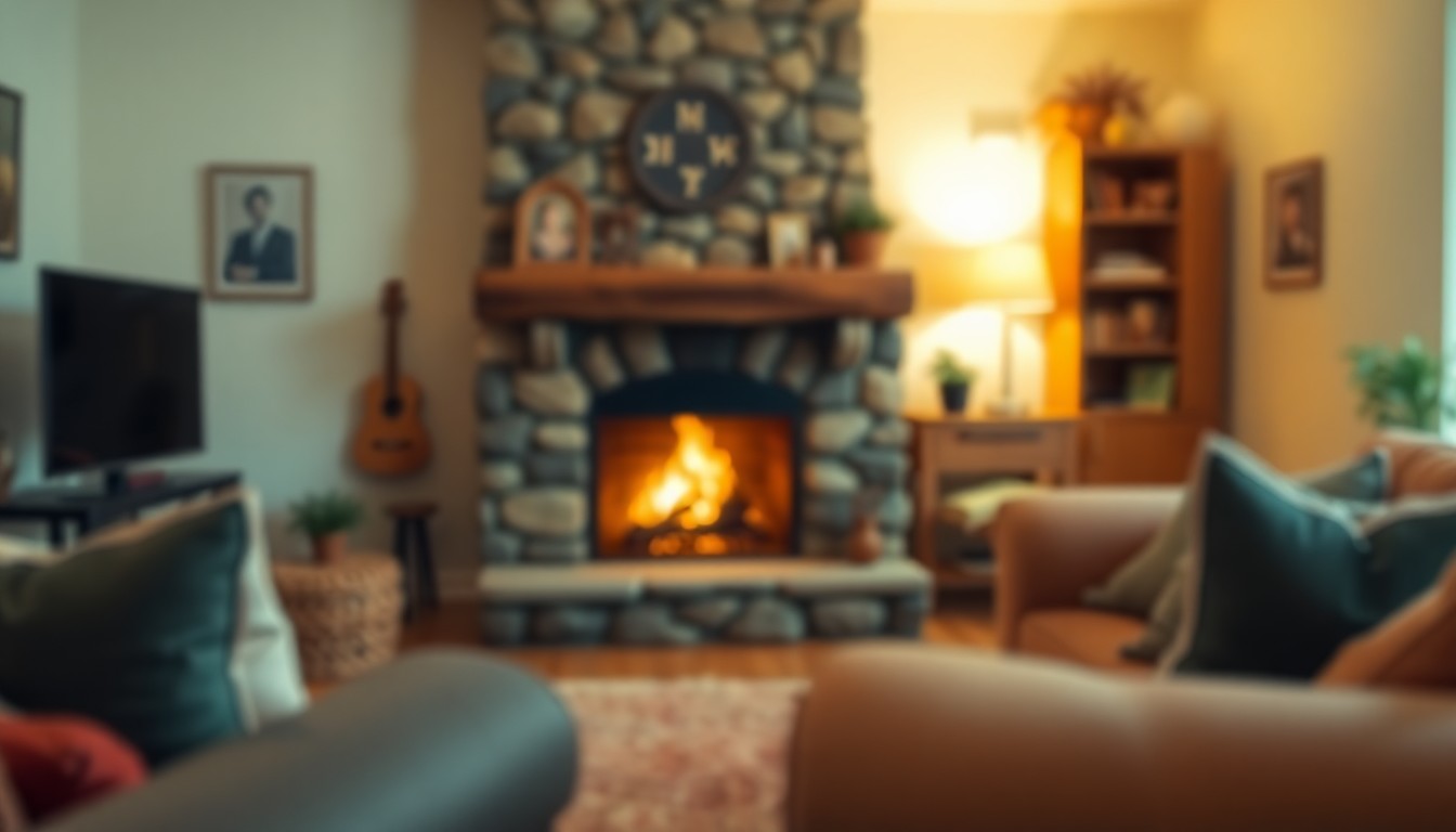 An abstract, out-of-focus scene of a cozy living room with a stone fireplace, soft lighting, and blurred lifestyle objects, conveying a sense of domestic comfort.