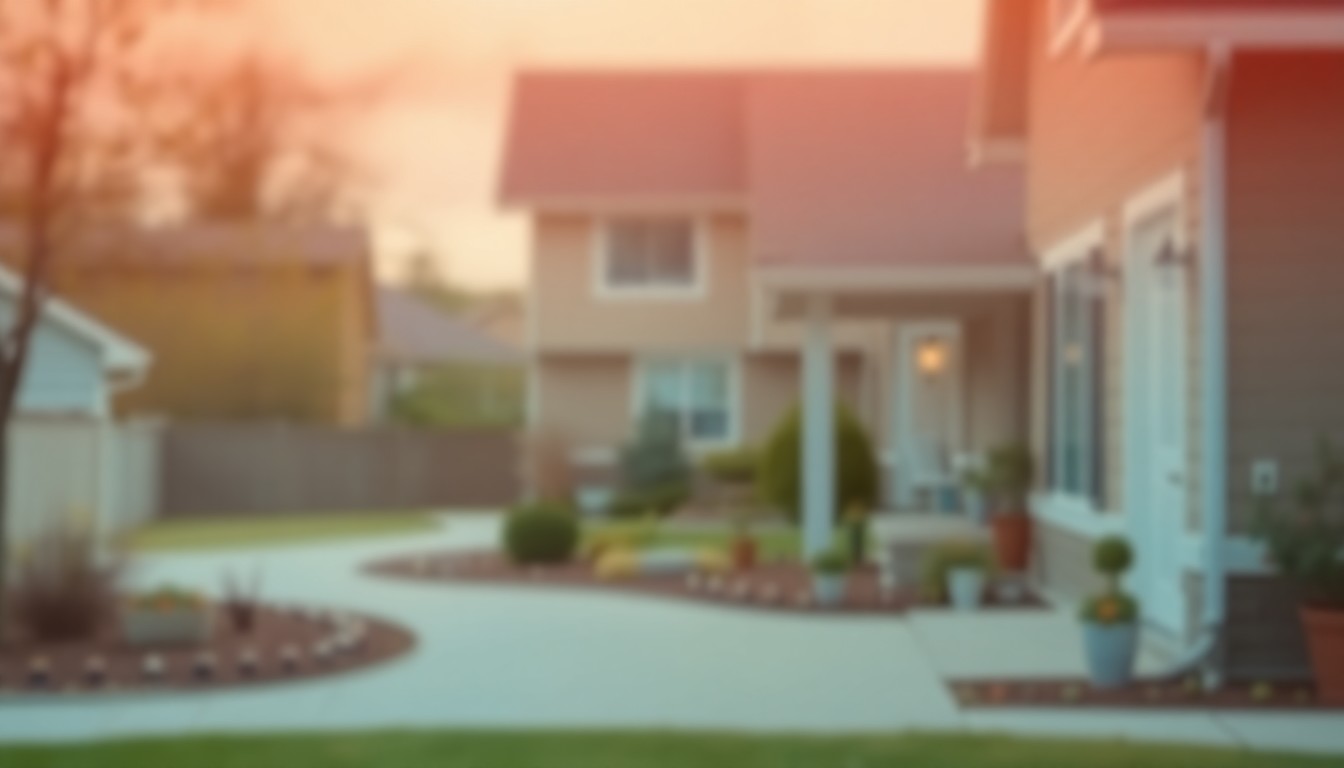 An abstract, out-of-focus photograph in warm, muted tones depicting the exterior of a suburban home, with an open lot visible in the background, conveying a sense of privacy and tranquility.