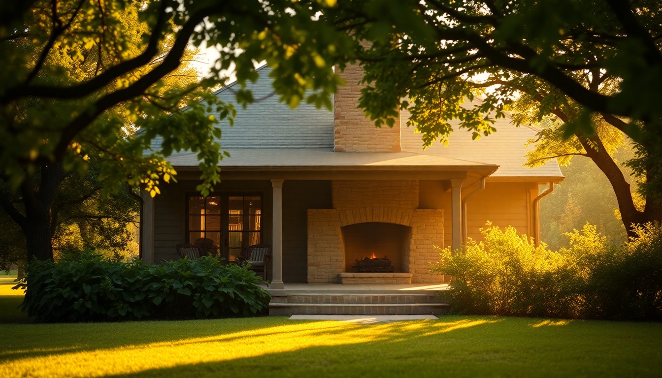 A soft, blurred photograph of a cozy Texas home with a large front porch and Austin stone fireplace, surrounded by lush greenery and bathed in warm, hazy light, conveying a sense of peaceful seclusion.