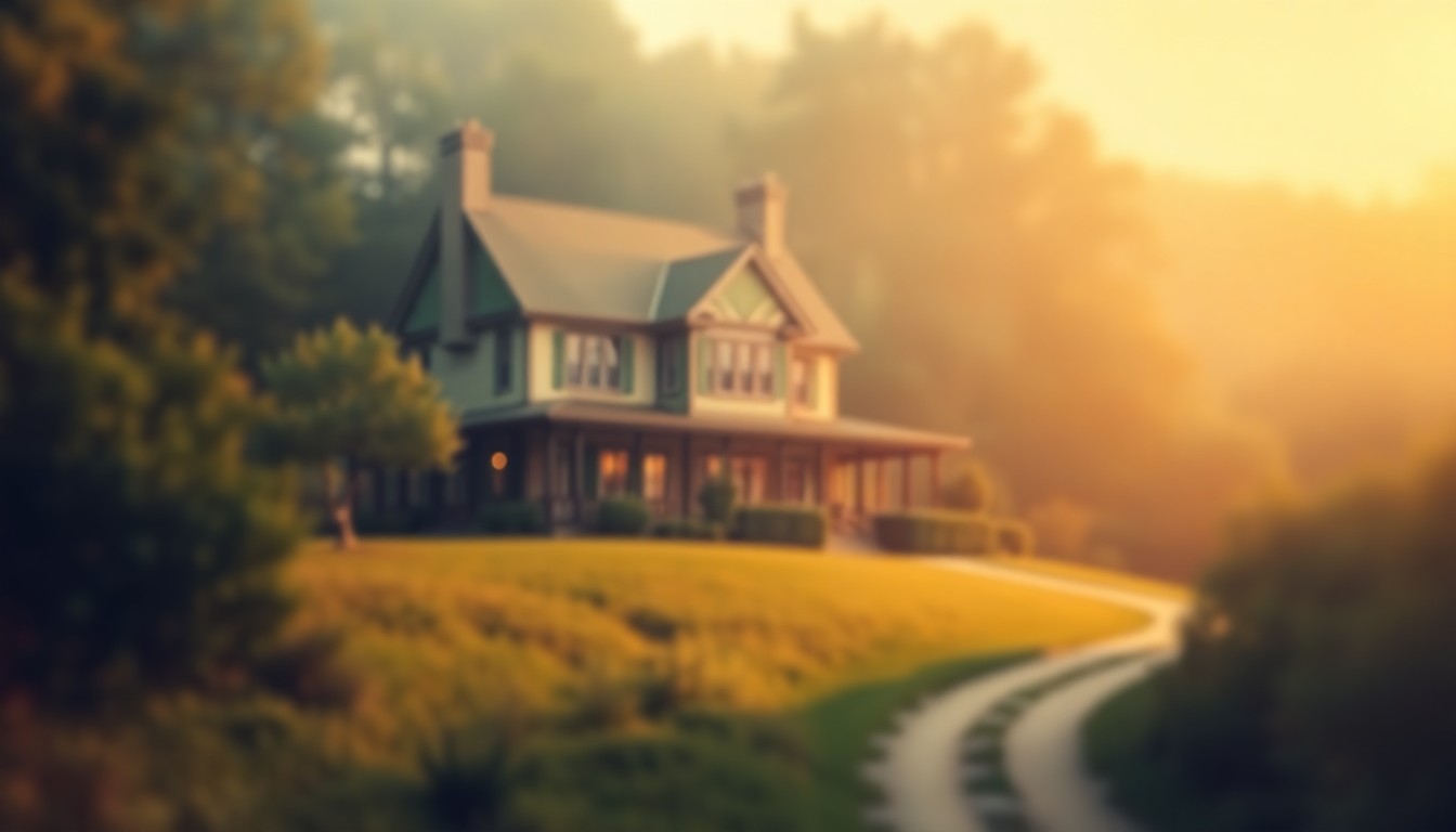 An extremely abstracted, out-of-focus photograph in warm, hazy tones depicting the exterior of a large home surrounded by lush greenery, conceptually representing the tranquil and timeless elegance of the property.