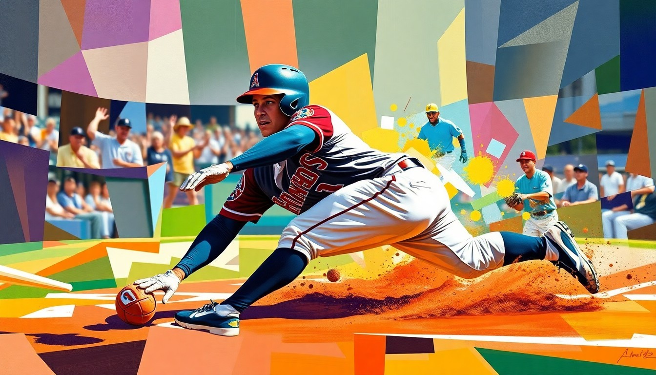 A fragmented, geometric painting depicting a baseball player sliding into home plate, with the player's form broken down into sharp, overlapping planes of color representing the Diamondbacks' uniform.