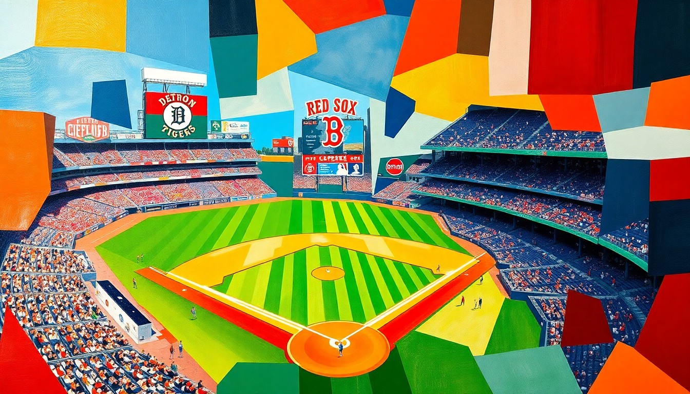 A cubist, geometric painting depicting a baseball game in progress, with the players and field rendered in fragmented, overlapping shapes and planes of bright orange and red colors.