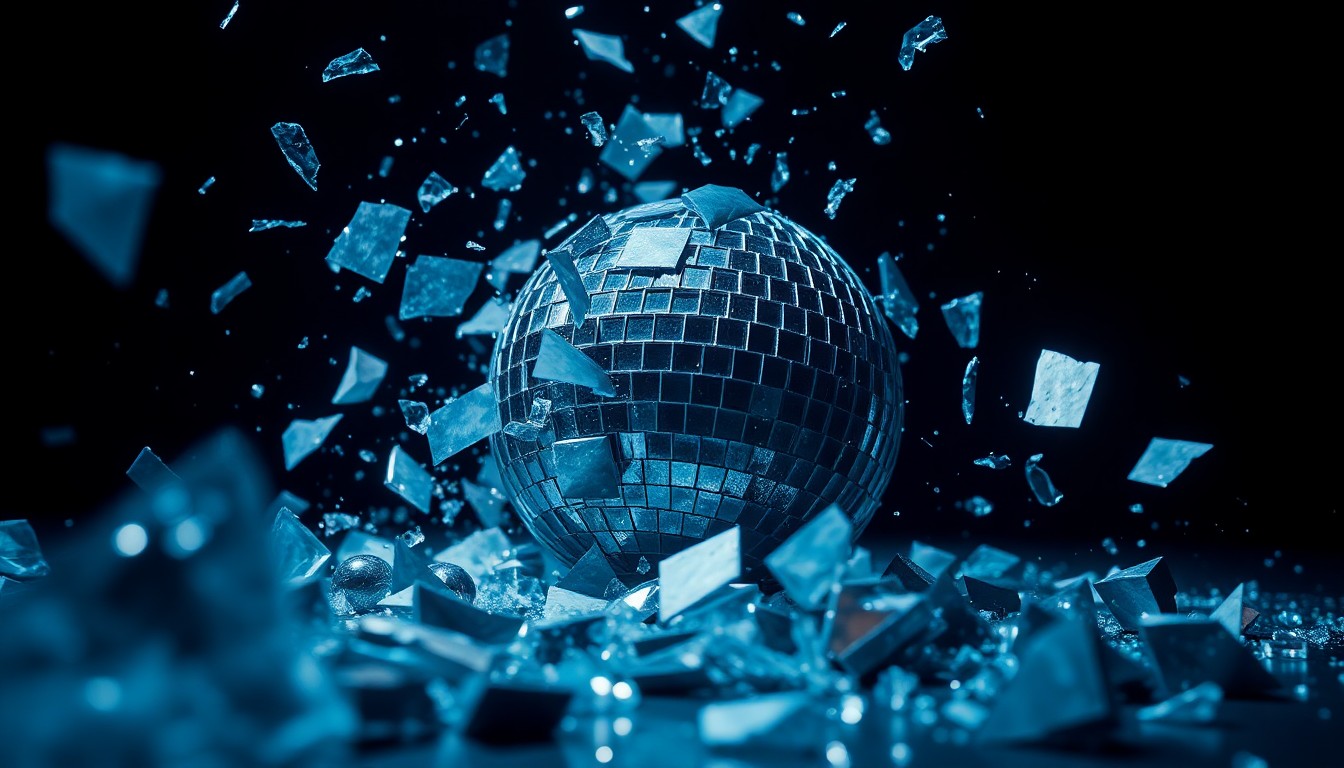 An extreme close-up of shattered, glittering disco ball fragments captured in dramatic studio lighting, conveying a sense of fragility and unease.