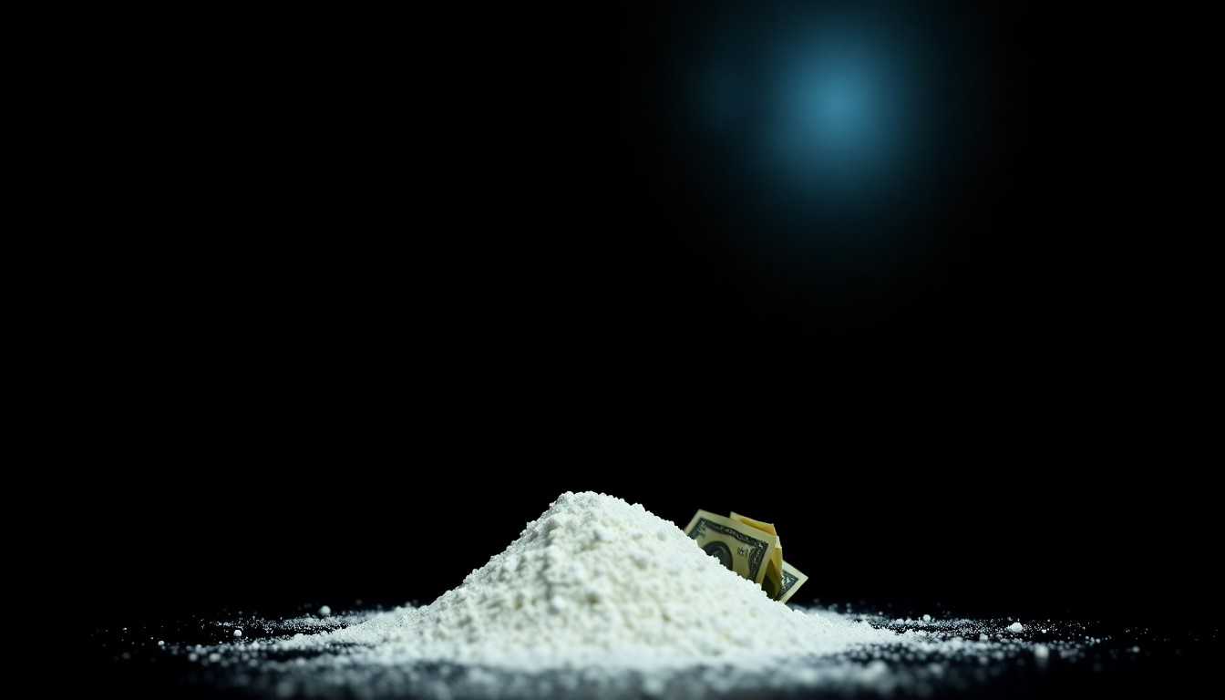 An extreme close-up photograph of a small pile of white powder and several crumpled dollar bills against a pitch-black background, conceptually illustrating the physical evidence seized during a drug trafficking investigation.