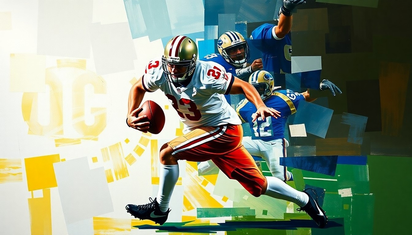 A fragmented, cubist-style painting depicting a football player in motion, with their body broken down into sharp, geometric shapes and planes of color, conveying the complex dynamics of a potential trade.