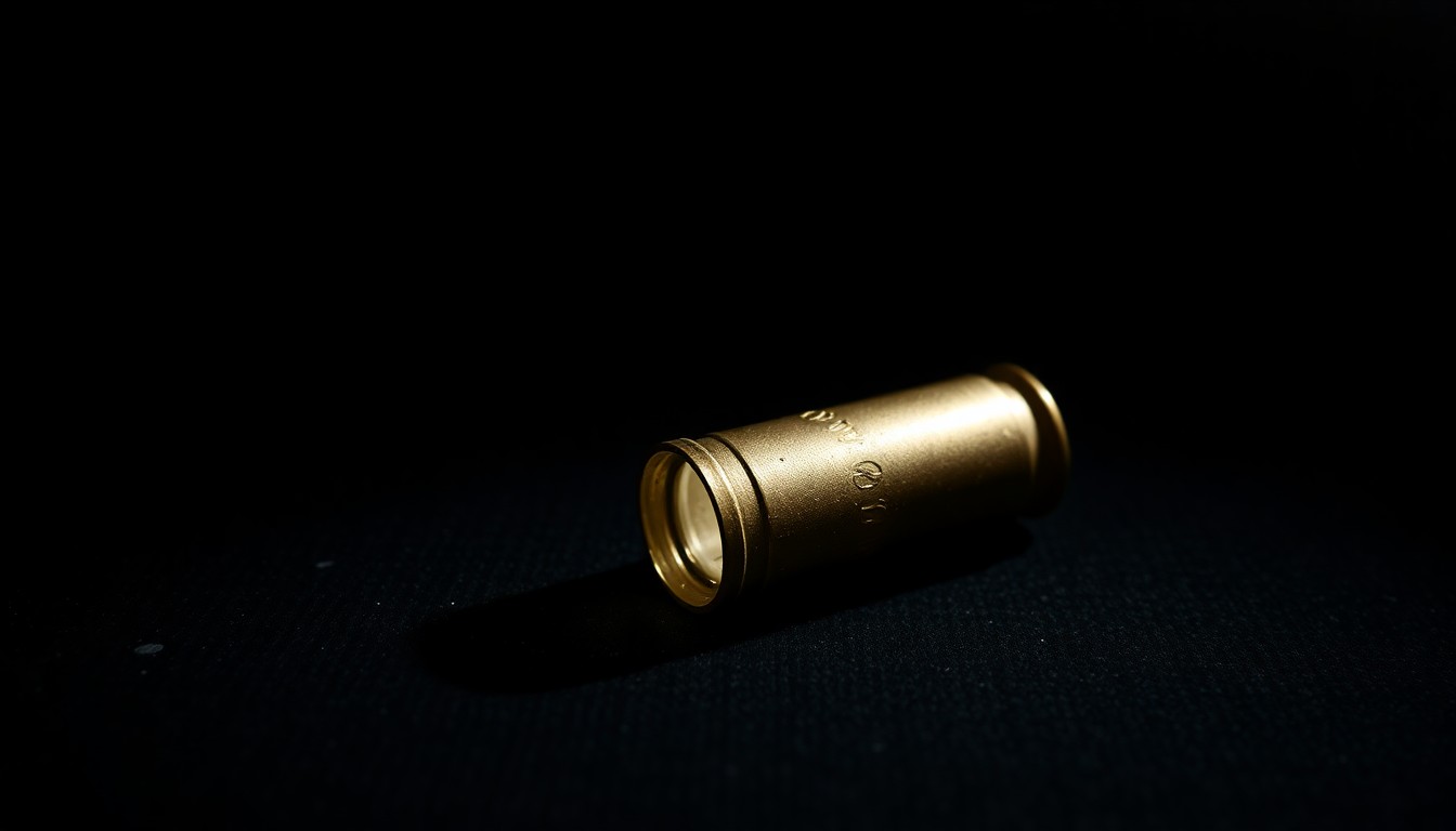 An extreme close-up photograph of a single spent shell casing on a dark, textured surface, lit by a harsh, direct camera flash, conceptually illustrating the aftermath of a shooting incident.