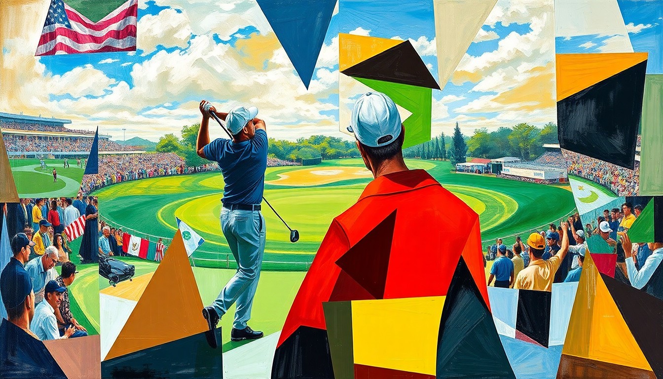 A fragmented, geometric painting depicting the shapes and movements of golfers on a golf course, with the players' forms broken down into abstract planes of color and line.