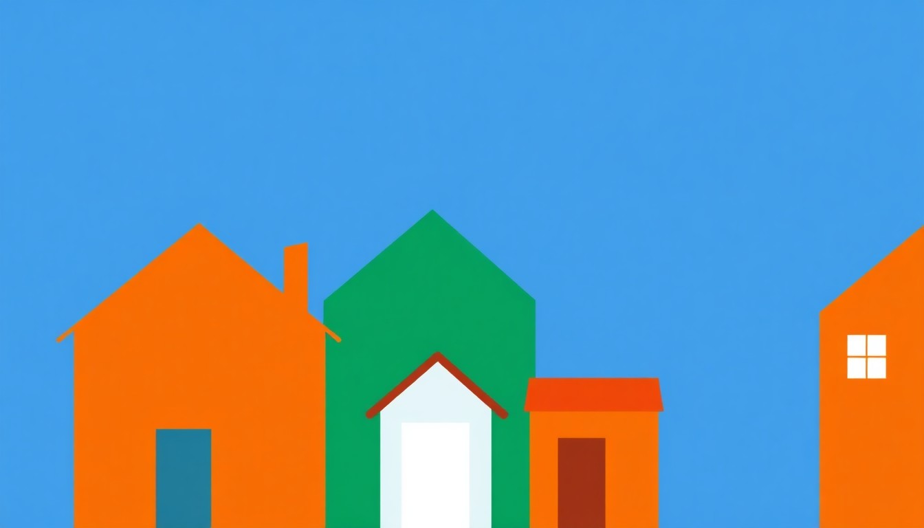 An abstract illustration composed of overlapping triangles, rectangles, and circles in shades of blue, green, and orange, conceptually representing the complex factors contributing to the housing affordability crisis in California.