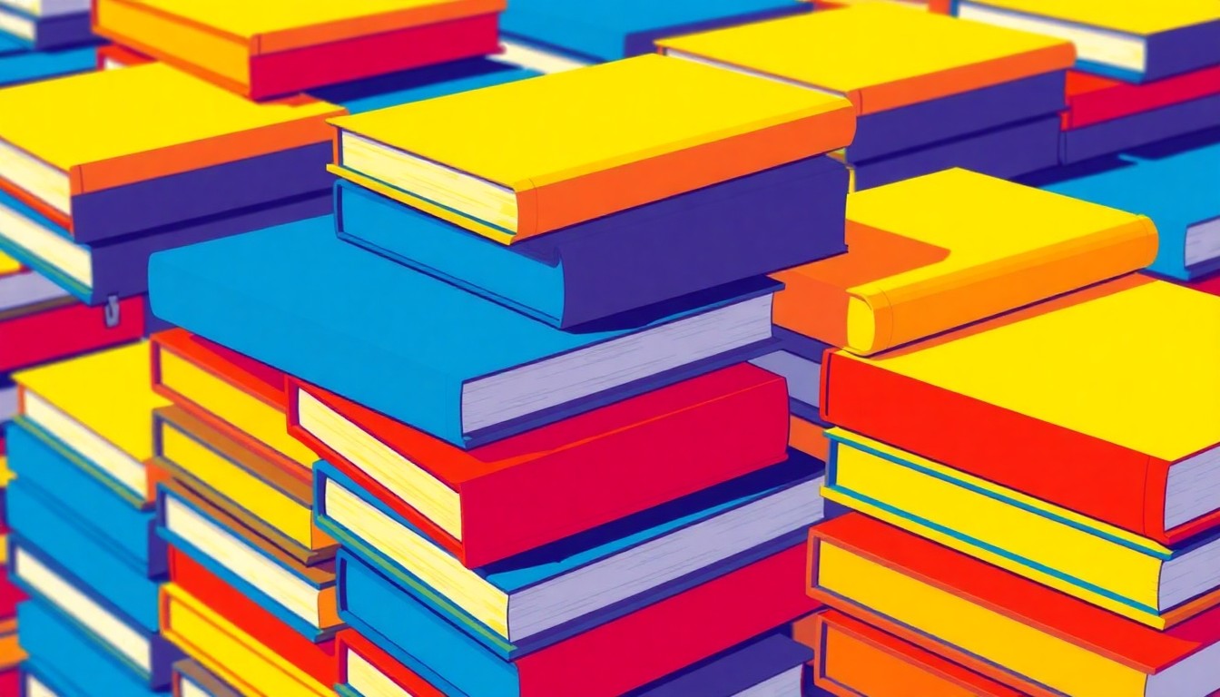 A bold, colorful silkscreen illustration featuring a repeating pattern of stacked textbooks in vibrant shades of blue, yellow, and red, conceptually representing the increased accessibility of four-year degrees at local community colleges.