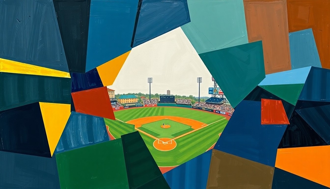 A fractured, geometric painting in shades of navy, green, and orange, depicting the action and movement of a baseball game through overlapping planes and shapes.