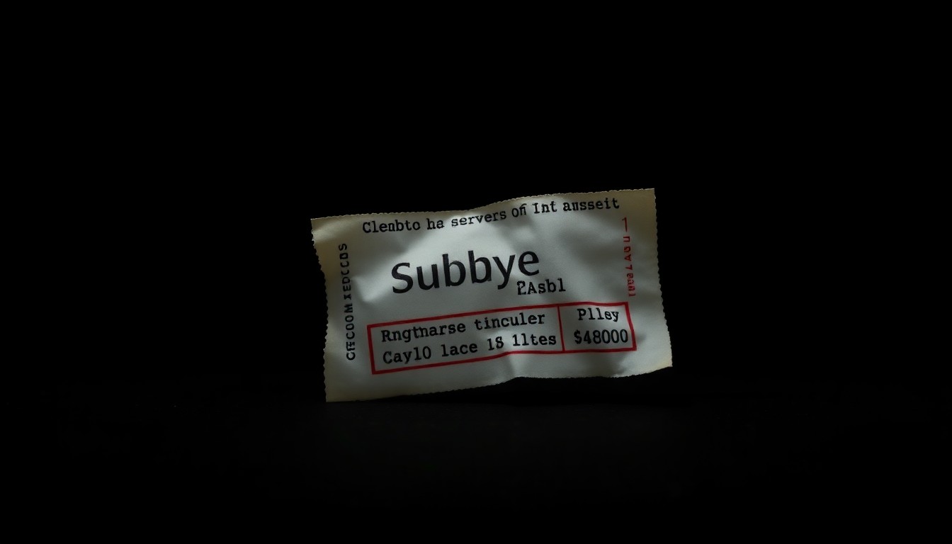 An extreme close-up photograph of a crumpled subway ticket stub, the harsh flash illuminating the textured paper against a pitch-black background, conceptually representing the aftermath of a crime on public transportation.