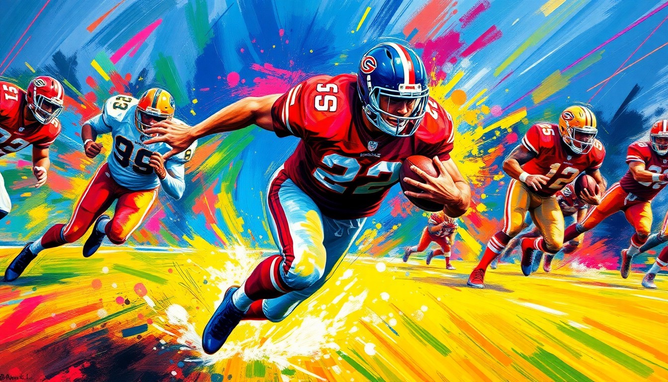 An abstract, energetic painting in neon colors depicting the explosive movement and power of a football player breaking through the line, capturing the dynamic spirit of Jazmin Gamble's coaching approach.