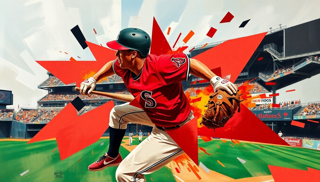 A cubist, geometric painting depicting the explosive movements of a baseball player in action, using the Diamondbacks' team colors to represent the player's dynamic energy and the franchise's hopes for a successful season.