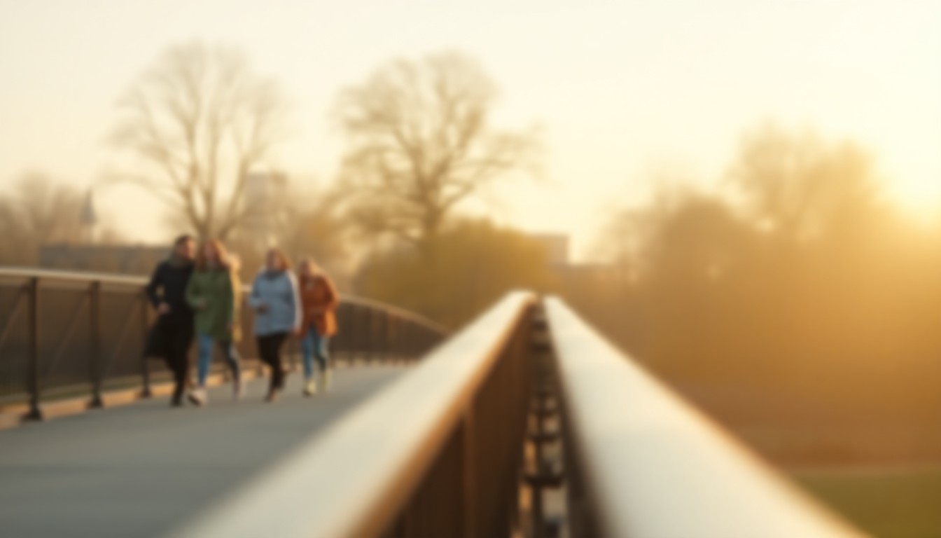 An extremely abstracted, out-of-focus photograph of people walking across a bridge in a park, with the background and foreground both gently washed in warm, hazy light, conceptually representing the temporary disruption caused by the bridge renovation project.