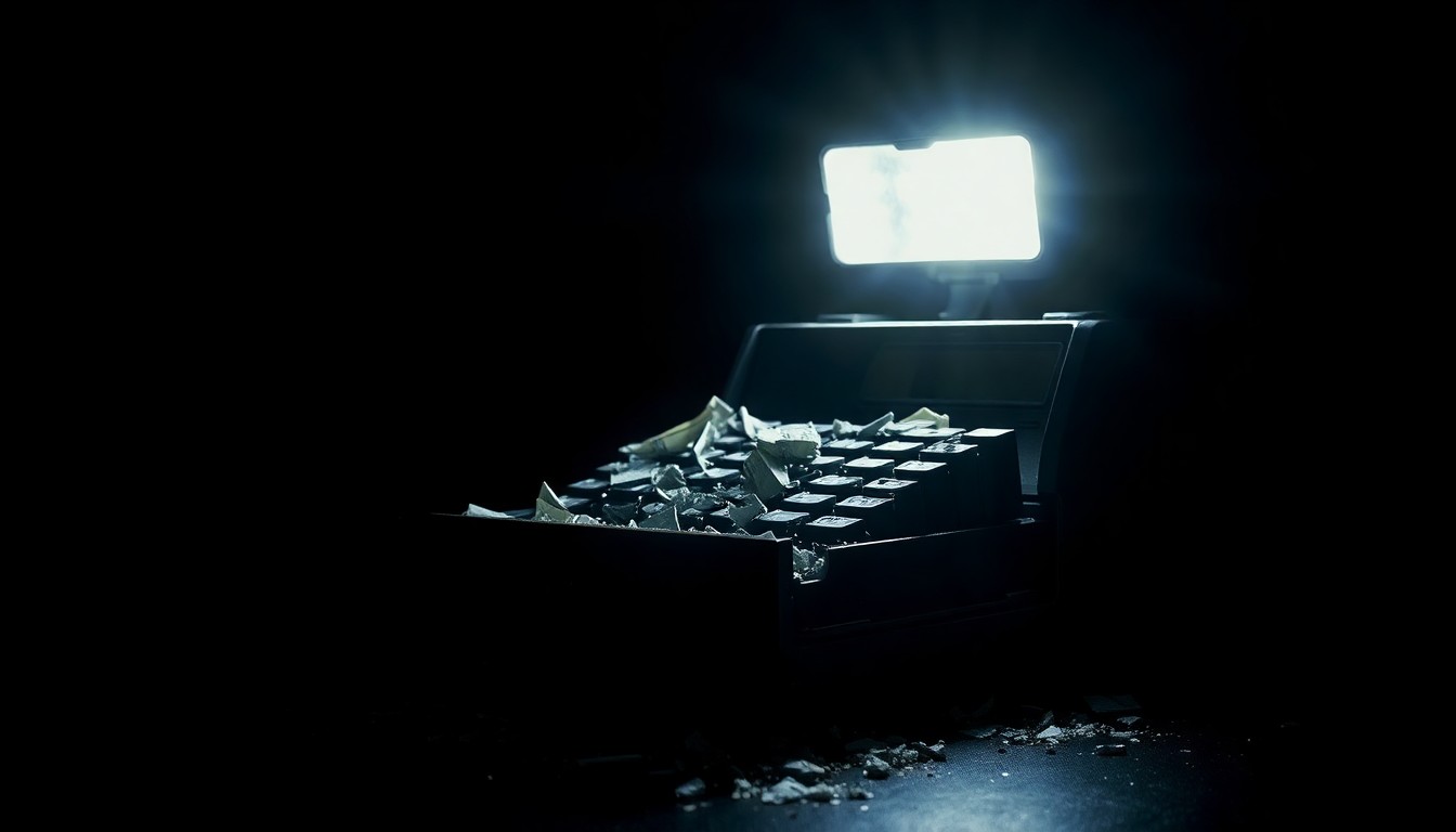 An extreme close-up of a shattered cash register drawer, the harsh flash creating a stark, gritty image that conveys the sudden, investigative nature of the crime.