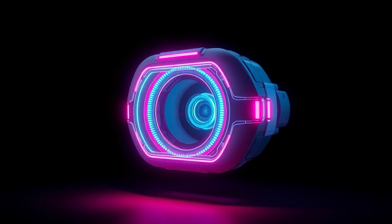 A highly detailed 3D illustration of a glowing, futuristic iris scanner device floating against a dark background, with neon cyan and magenta lights emanating from the inner workings, conceptually representing the use of advanced biometric technology for digital identity verification.