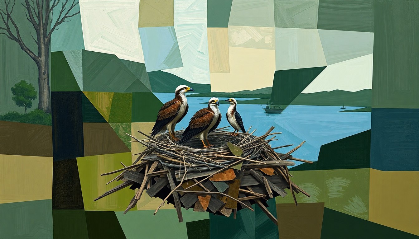 A cubist-style painting depicting the ospreys' nest at Pleasant Hill Lake, broken down into overlapping geometric shapes and planes in shades of green, blue, and brown, capturing the birds' perseverance and the natural beauty of their habitat.