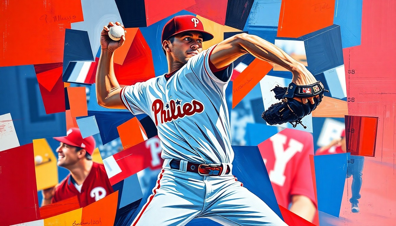 A fractured, cubist-style painting depicting a baseball pitcher's throwing motion broken down into sharp, overlapping geometric shapes in the Phillies' red and blue colors, conveying the team's struggle to overcome key injuries and find a path forward.