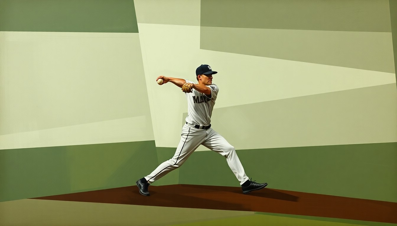 A fragmented, geometric painting depicting the motion of a baseball pitcher, with sharp planes of muted earth tones representing the pitcher's delivery and the batter's perspective.