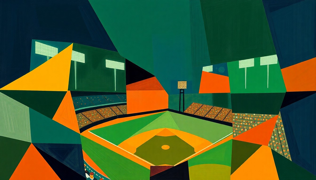 A fractured, geometric painting in shades of navy, green, and orange, depicting the dynamic action and tension of a college baseball game through Picasso-esque abstraction.