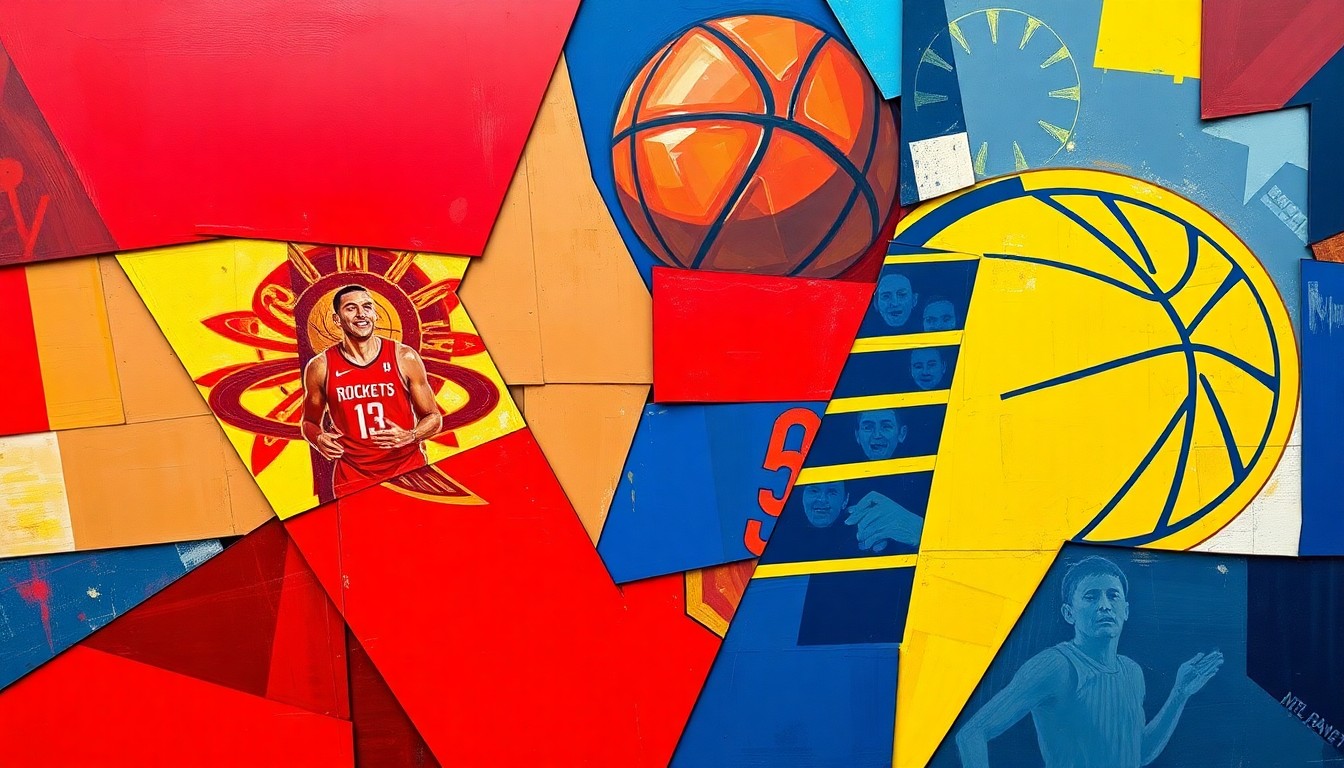A fractured, cubist-style painting depicting a basketball game between the Houston Rockets and Indiana Pacers, with sharp geometric shapes and planes in vibrant colors representing the energy and intensity of the playoff matchup.