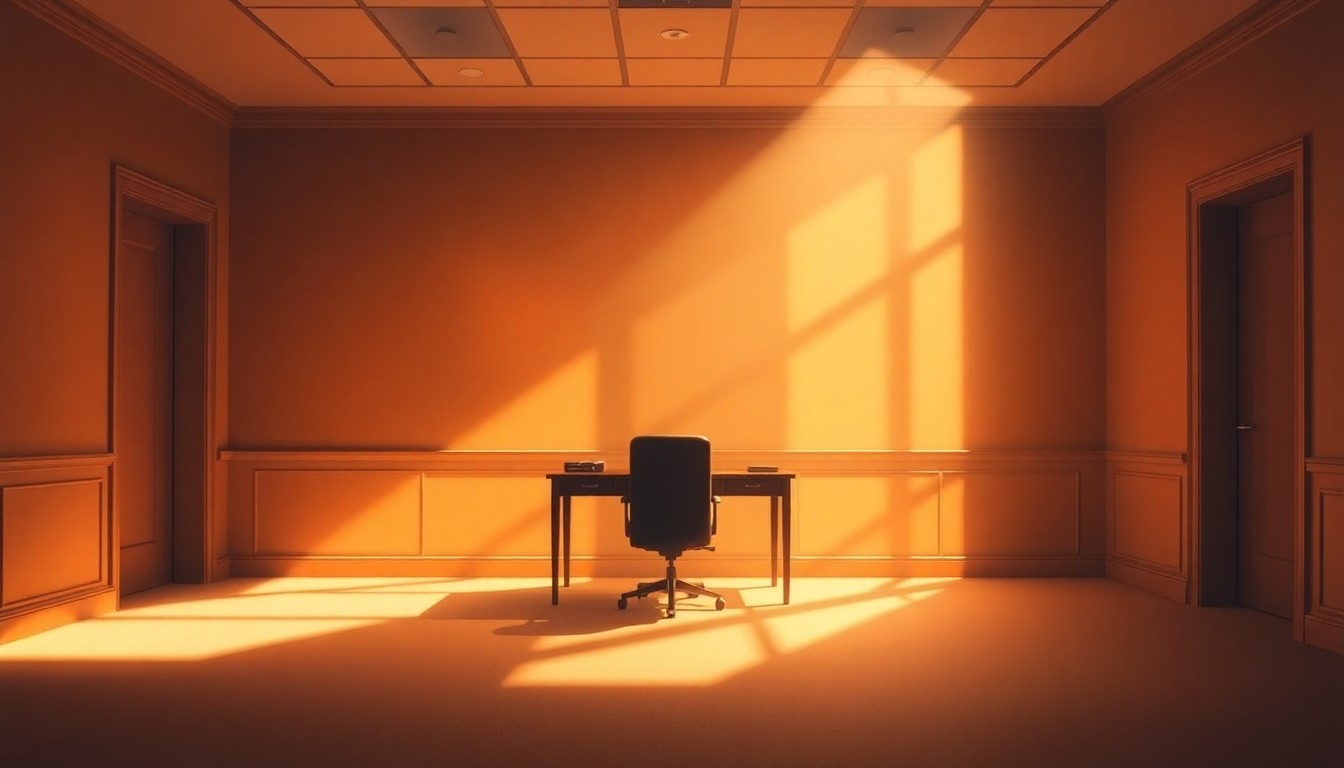 A dimly lit, cinematic painting of an empty government office with a single chair and desk, conveying a sense of solitude and unease.