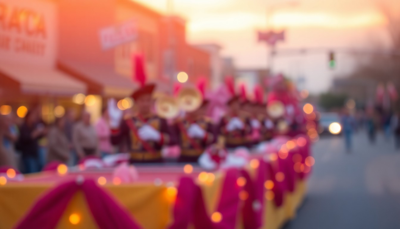 An abstracted, out-of-focus photograph of a parade scene in downtown Guthrie, with soft, warm pools of light and color creating a dreamlike, atmospheric quality that captures the celebratory spirit of the annual 89er Days event.