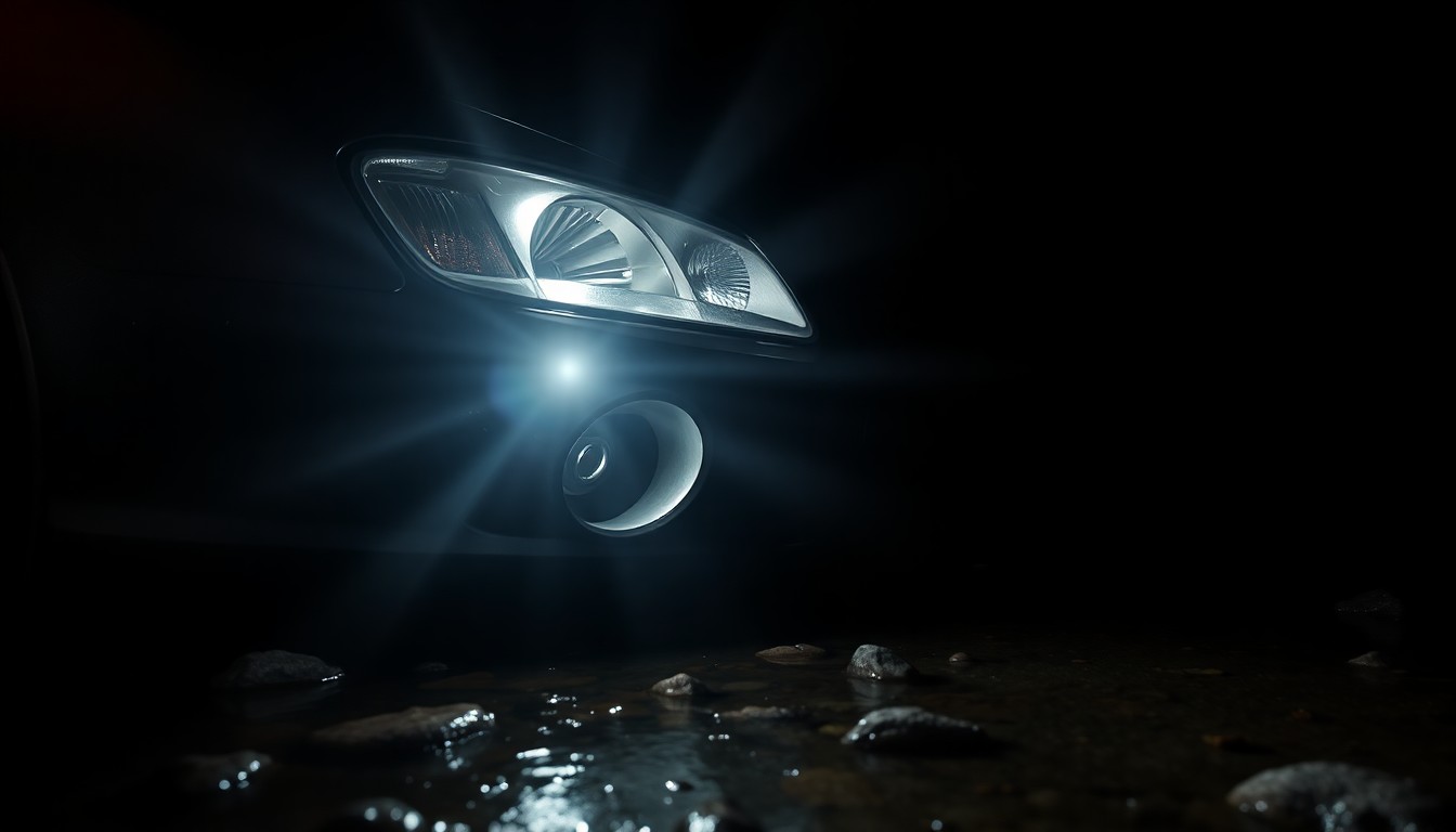 An extreme close-up of a damaged car part lying in a shallow creek, conveying the gritty aftermath of a weather-related accident through stark lighting and dramatic texture.