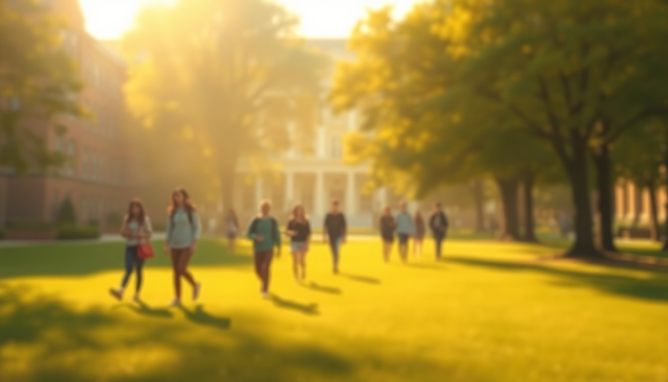 An abstract, impressionistic scene of a college campus, with blurred figures of students walking through a warm, golden light. The soft, dreamlike quality of the image evokes a sense of hope and possibility for those returning to pursue their educational dreams.