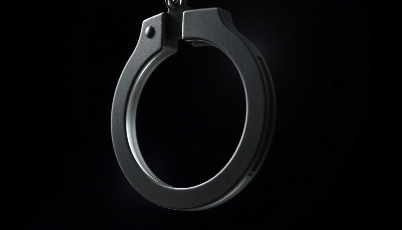 An extreme close-up photograph of a pair of handcuffs against a pitch-black background, lit by a harsh, direct camera flash, creating a stark, investigative aesthetic.