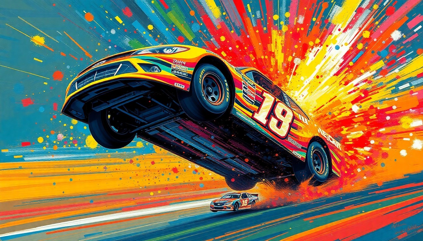 An abstract, energetic painting in vibrant neon colors depicting a NASCAR race car mid-flip, with the vehicle's motion and impact expressed through bold, expressive brushstrokes.