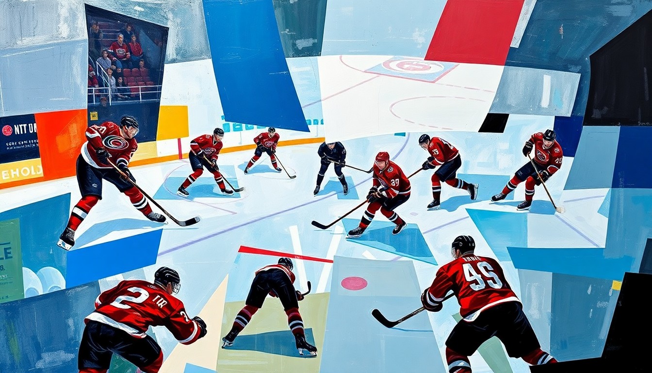 A cubist, geometric illustration depicting the dynamic action of a hockey game, with fragmented shapes and planes representing the players, puck, and ice surface in motion.