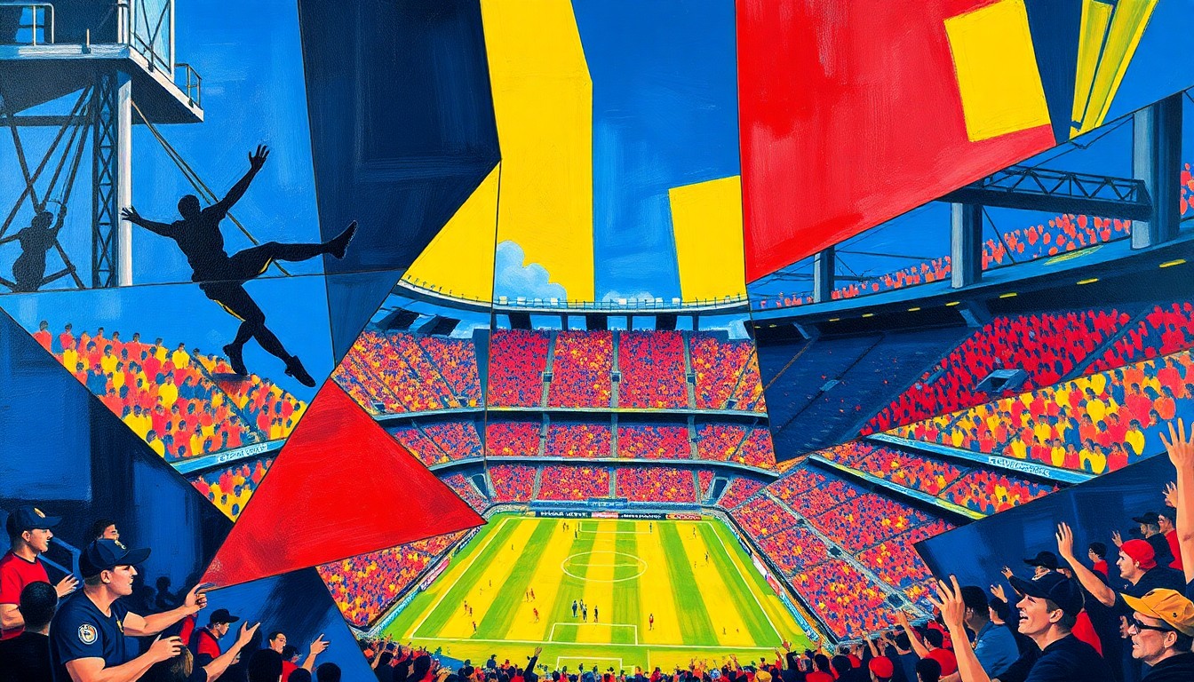 A fragmented, geometric painting depicting a crowded sports stadium filled with cheering fans, rendered in bold, clashing colors that capture the intensity and passion of the event.