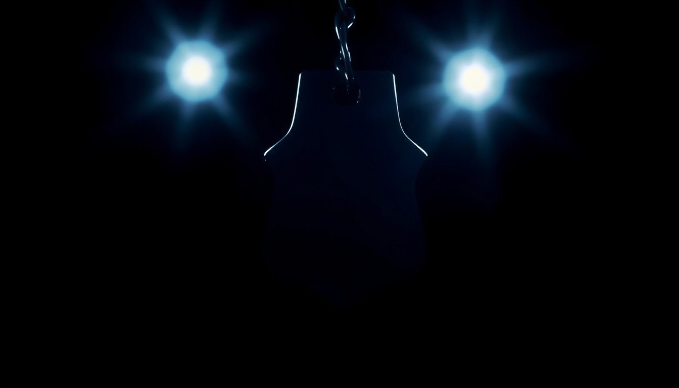 An extreme close-up photograph of a police badge or handcuffs lit by a harsh, direct camera flash against a pitch-black background, creating a stark, gritty, investigative aesthetic.