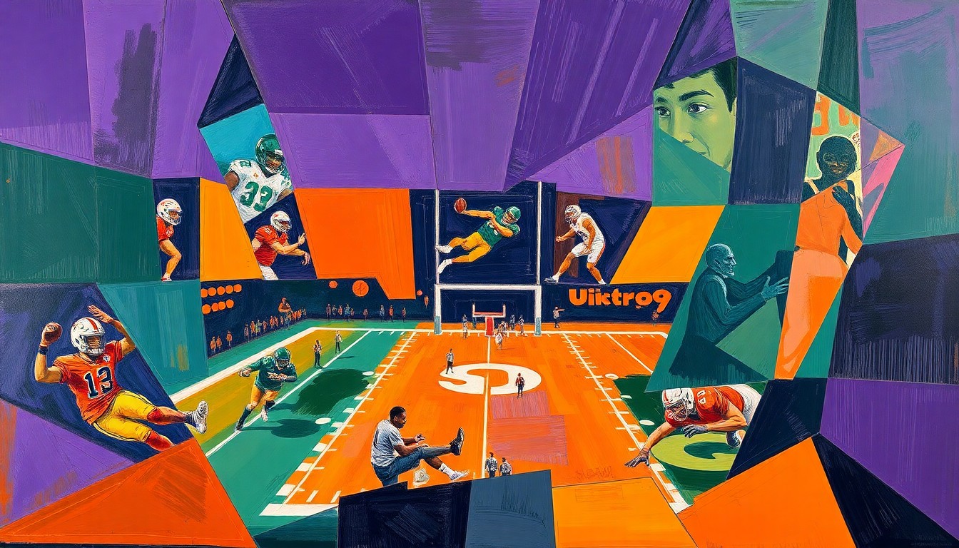 A cubist, geometric painting depicting fragmented scenes of a college football practice, with players' forms broken down into sharp, overlapping shapes in a palette of deep purple, forest green, and burnt orange.