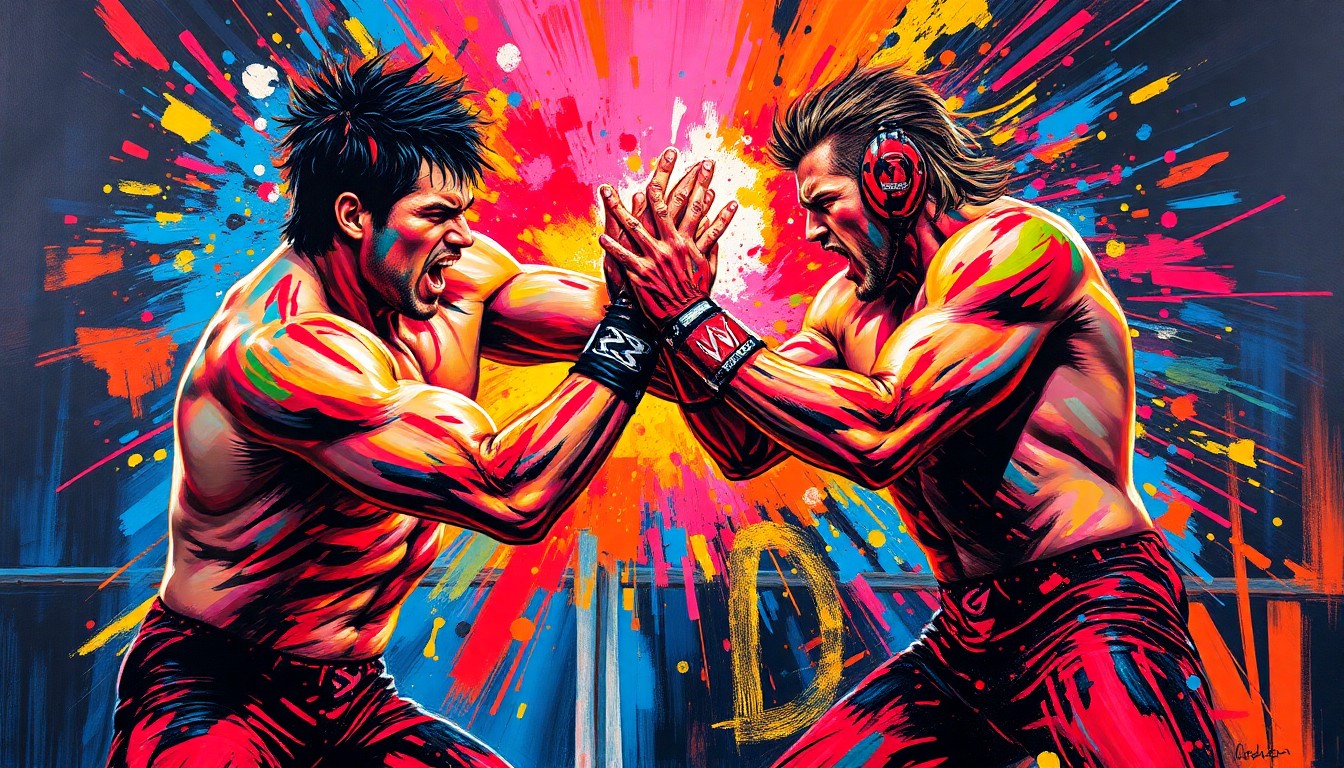 An abstract, expressionist painting featuring rapid brushstrokes and neon colors that capture the raw energy and violence of a wrestling match, with the wrestlers' bodies and faces dissolving into unrecognizable splatters of paint.
