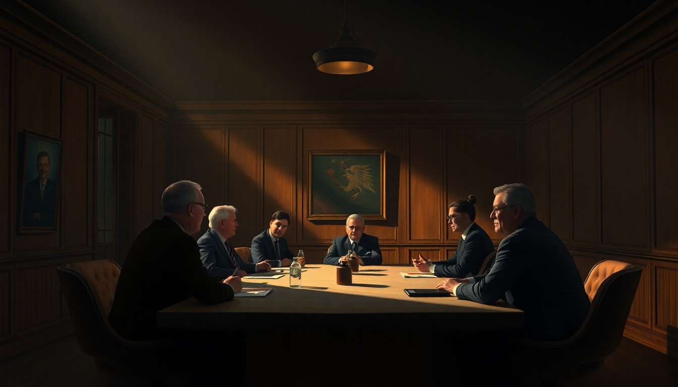 A cinematic painting depicting a group of politicians and community leaders gathered around a conference table in a dimly lit, wood-paneled meeting room, with warm, diagonal sunlight and deep shadows creating a contemplative, nostalgic atmosphere.