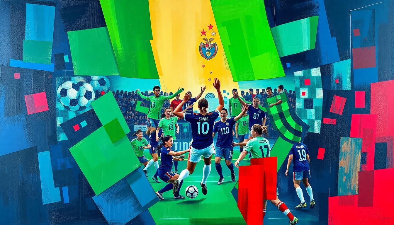 A fragmented, geometric painting in bold colors depicting the energy and movement of a women's soccer celebration, with players and the field broken down into sharp, overlapping planes.