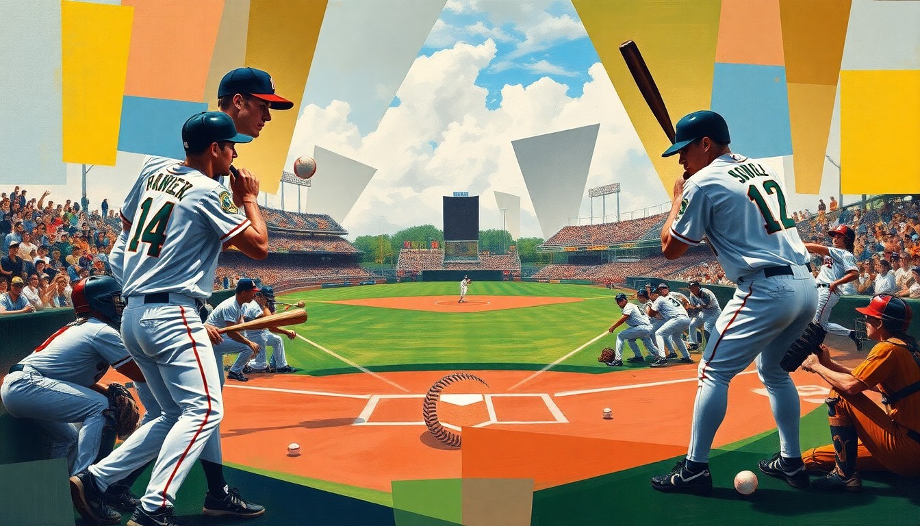 A fragmented, geometric painting depicting the dynamic motion and competition of a college baseball game, with overlapping planes of players, bats, and baseballs in a vibrant, high-energy composition.