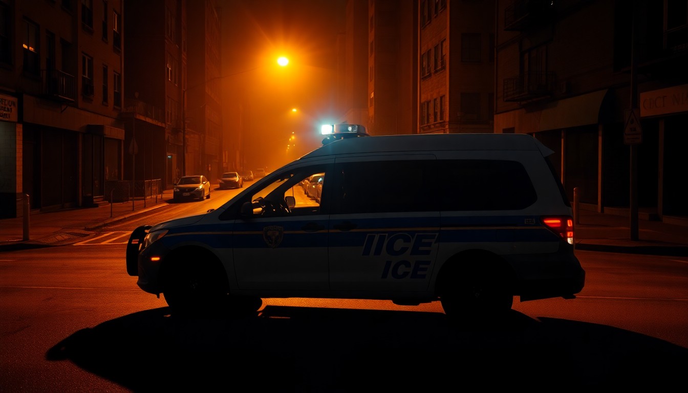 A photorealistic painting of a parked ICE enforcement vehicle on a dimly lit urban street, with warm diagonal sunlight and deep shadows creating a sense of unease and the erosion of community trust.
