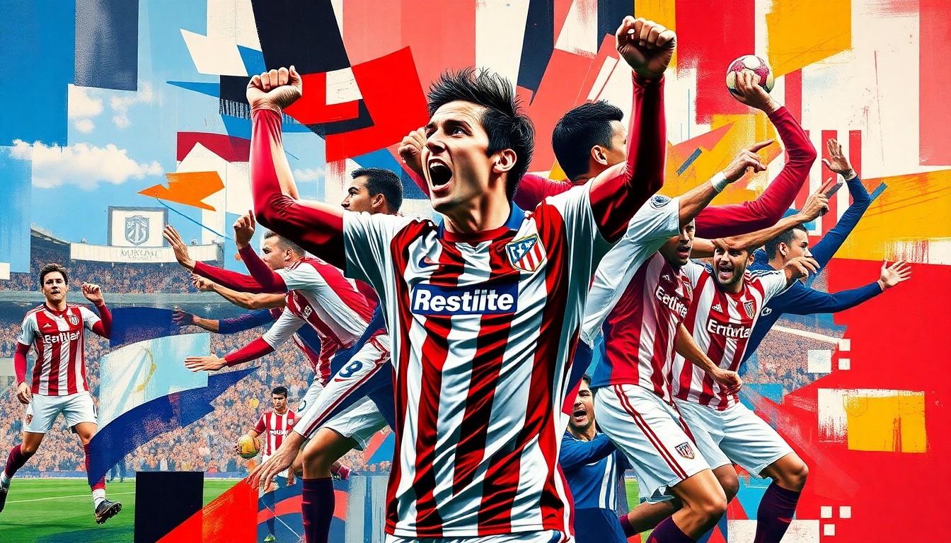 A cubist, geometric painting depicting the dynamic movements and celebrations of a soccer player, with the red and white colors of Atlético Madrid's uniform visible through the fragmented composition.