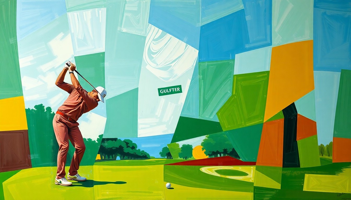 A fractured, multi-perspective painting depicting a golf match or competition, with sharp, overlapping geometric planes in a palette of emerald green, sky blue, and burnt sienna, capturing the dynamic energy of the tournament.