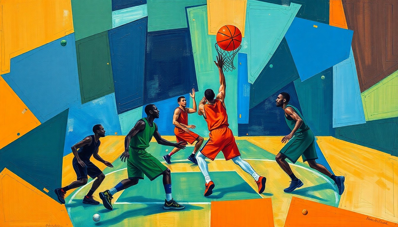 A cubist, geometric painting depicting a basketball game, with the players' forms broken down into sharp, overlapping shapes in a palette of deep blues, greens, and oranges, conveying the fragmented nature of the Knicks' team dynamics.