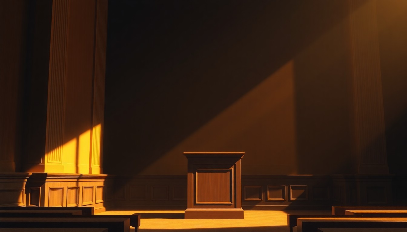 A dimly lit, cinematic painting of an empty New York City Council chamber podium, with warm sunlight streaming in through a window and casting deep shadows, conveying a sense of solemnity and political intrigue.
