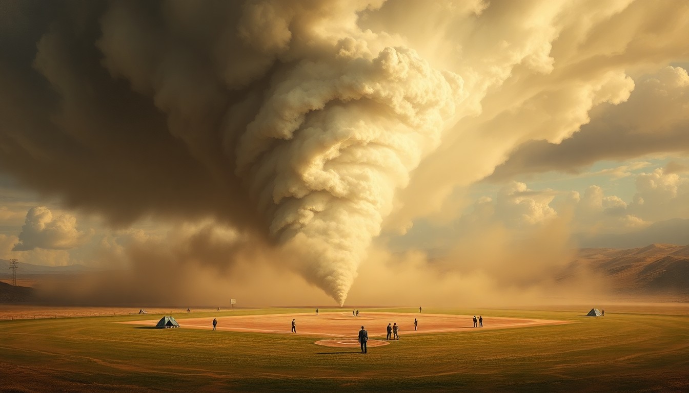 A sweeping, atmospheric landscape painting depicting a massive dust devil swirling across an open baseball field, its towering form dwarfing the tents and people caught within the powerful whirlwind.