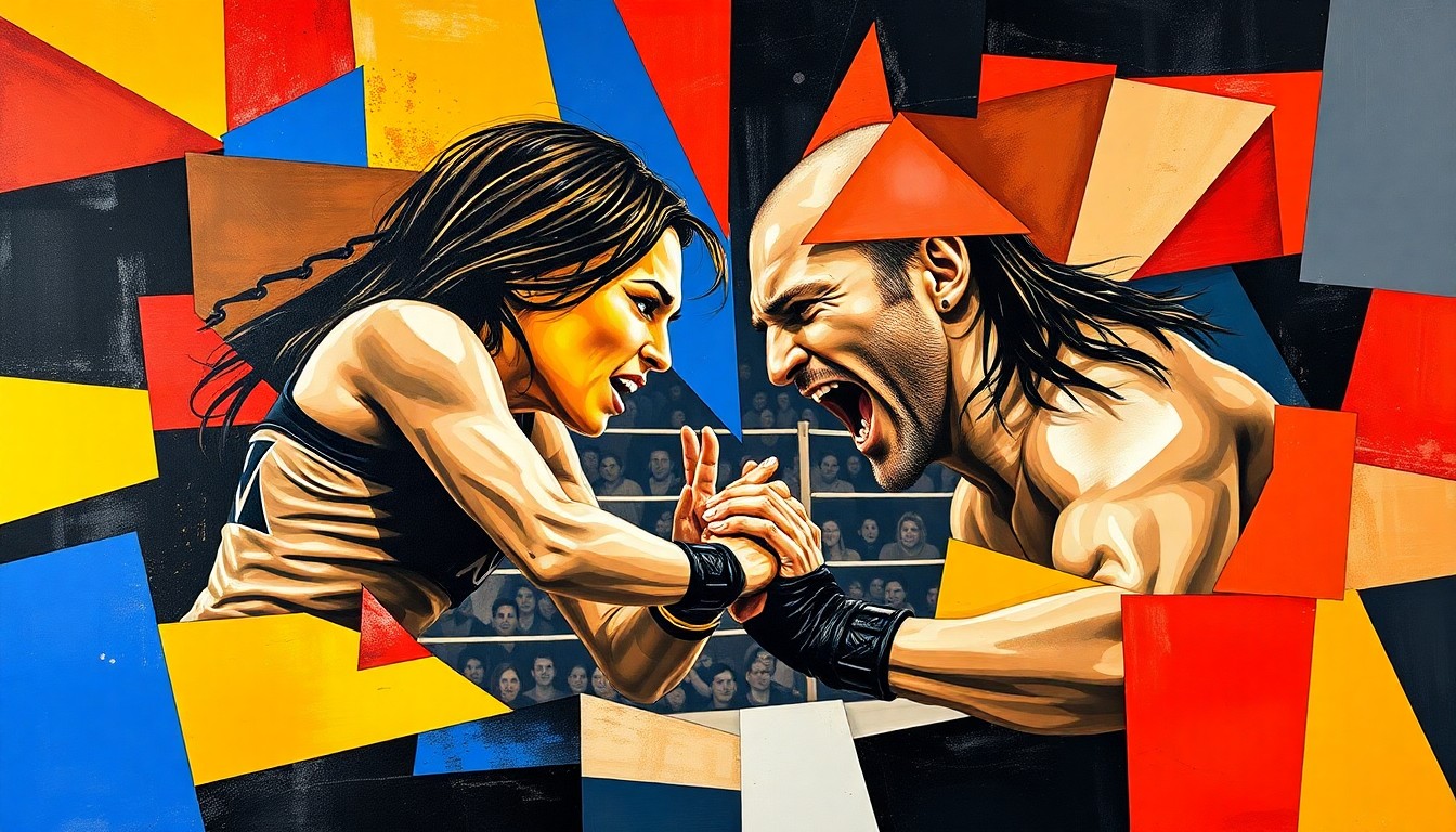 A fragmented, geometric painting depicting the intense action and rivalry between the two wrestlers, with their figures and movements broken down into sharp, overlapping shapes and planes of color.