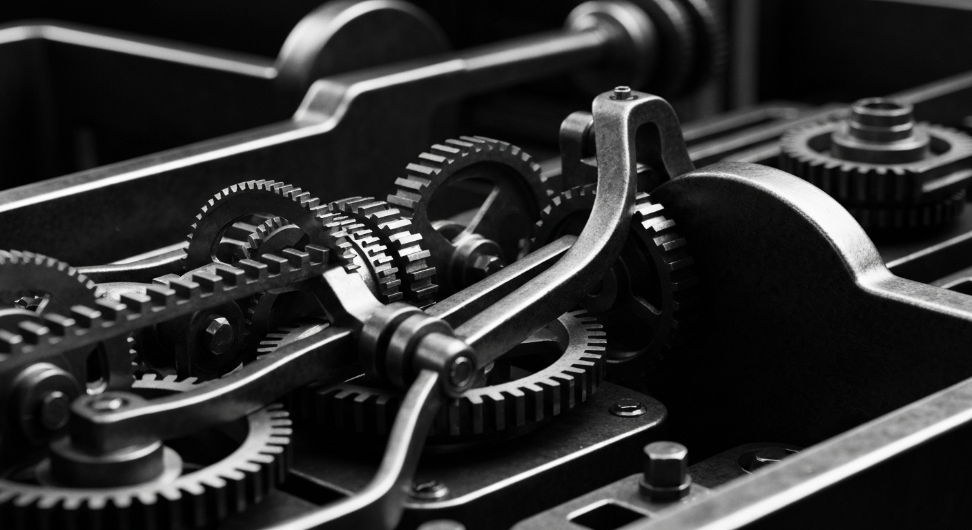 A high-contrast, close-up image of intricate gears, levers, and other industrial machinery, representing the inner workings and complexity of the financial system.