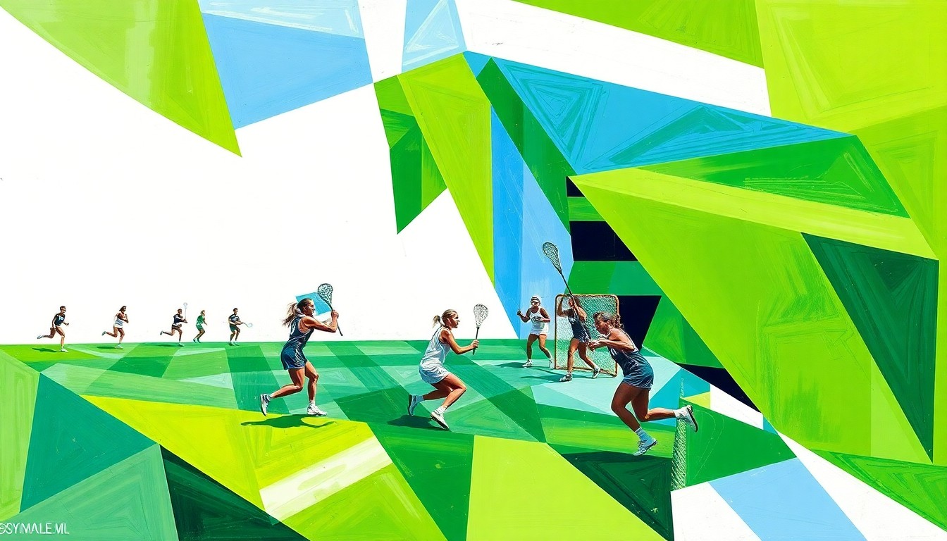 A cubist, geometric painting depicting the dynamic action and movement of a women's lacrosse game, with sharp planes of color representing the players, ball, and field.